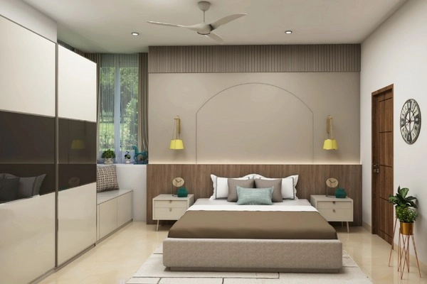 The Floor-to-ceiling sliding wordrobe in earthy toned bedroom