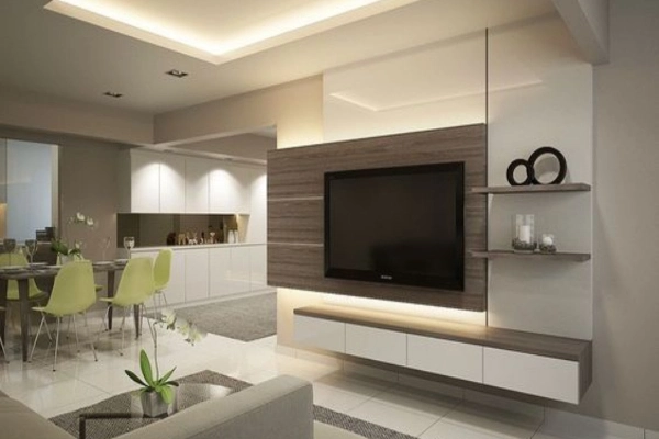 The TV unit in the center and open shelves in Livingroom