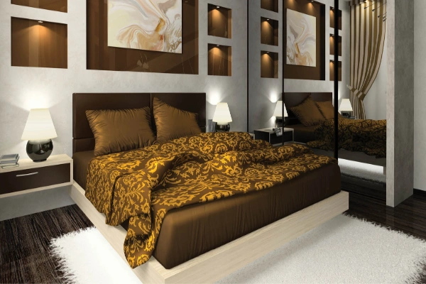The luxurious brown motif and theplus headboard of this Bedroom take elegance to the next level